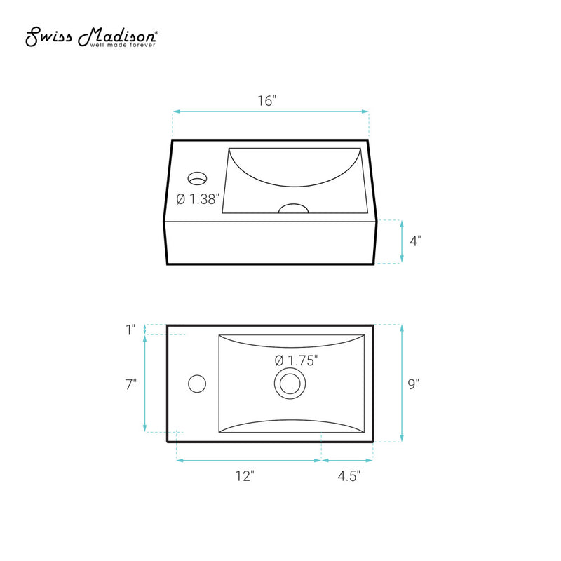Lisse 16" Concrete Rectangle Wall-Mounted Sink with Right Side Faucet Mount in Matte Royal Blue