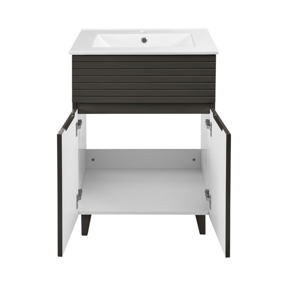 24-inch freestanding bathroom vanity in cedar gray with soft-close doors and white sink top.