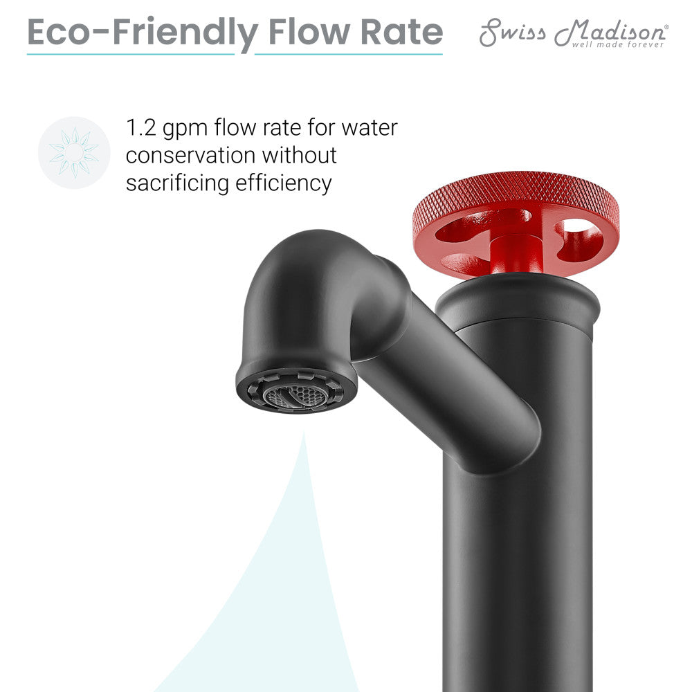 Single-handle bathroom faucet in matte black with red handle, Avallon collection, wall-mounted style.