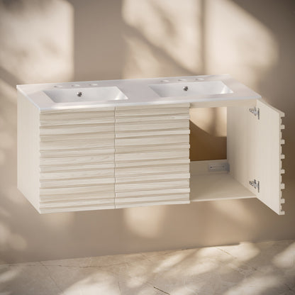 Cascade 48" Wall-Mounted Bathroom Vanity in White Oak with 3-Hole Widespread Double Basin Sink Top