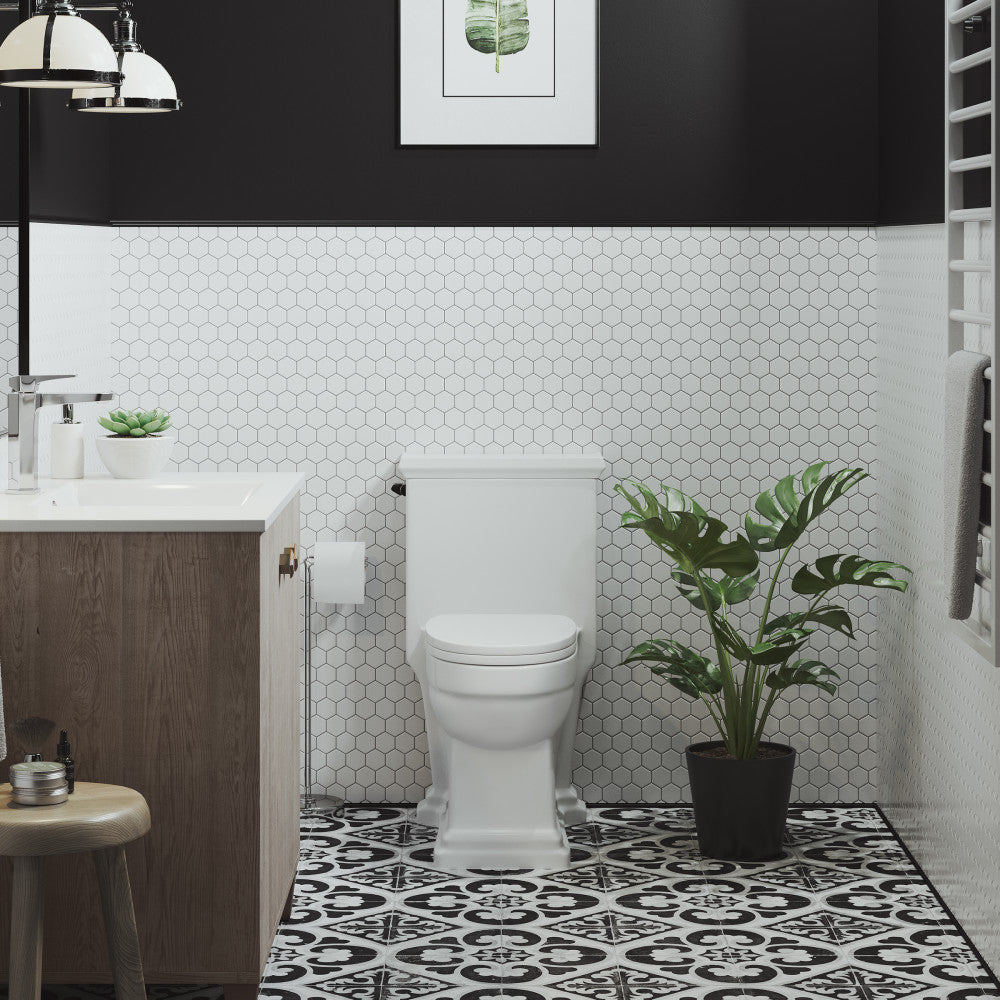 Elongated one-piece toilet with side flush lever, white porcelain, traditional design.