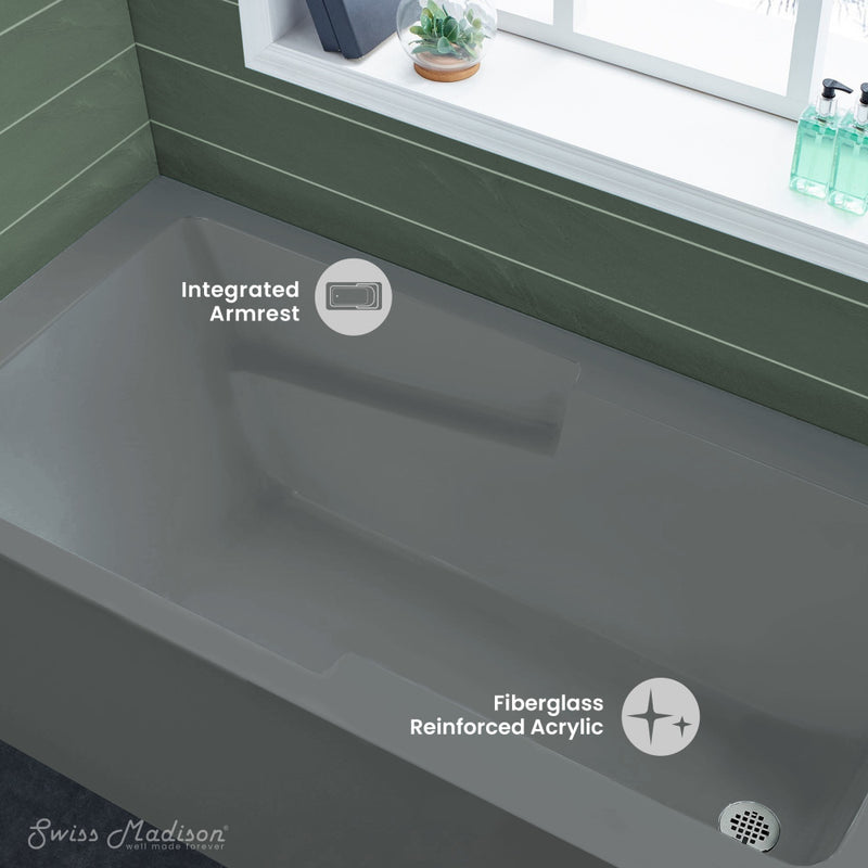 Voltaire 60" x 32" Right-Hand Drain Alcove Bathtub with Apron and Armrest in Matte Gray