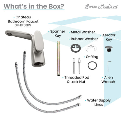 Single-handle bathroom faucet in brushed nickel with curved spout and smooth lever handle.