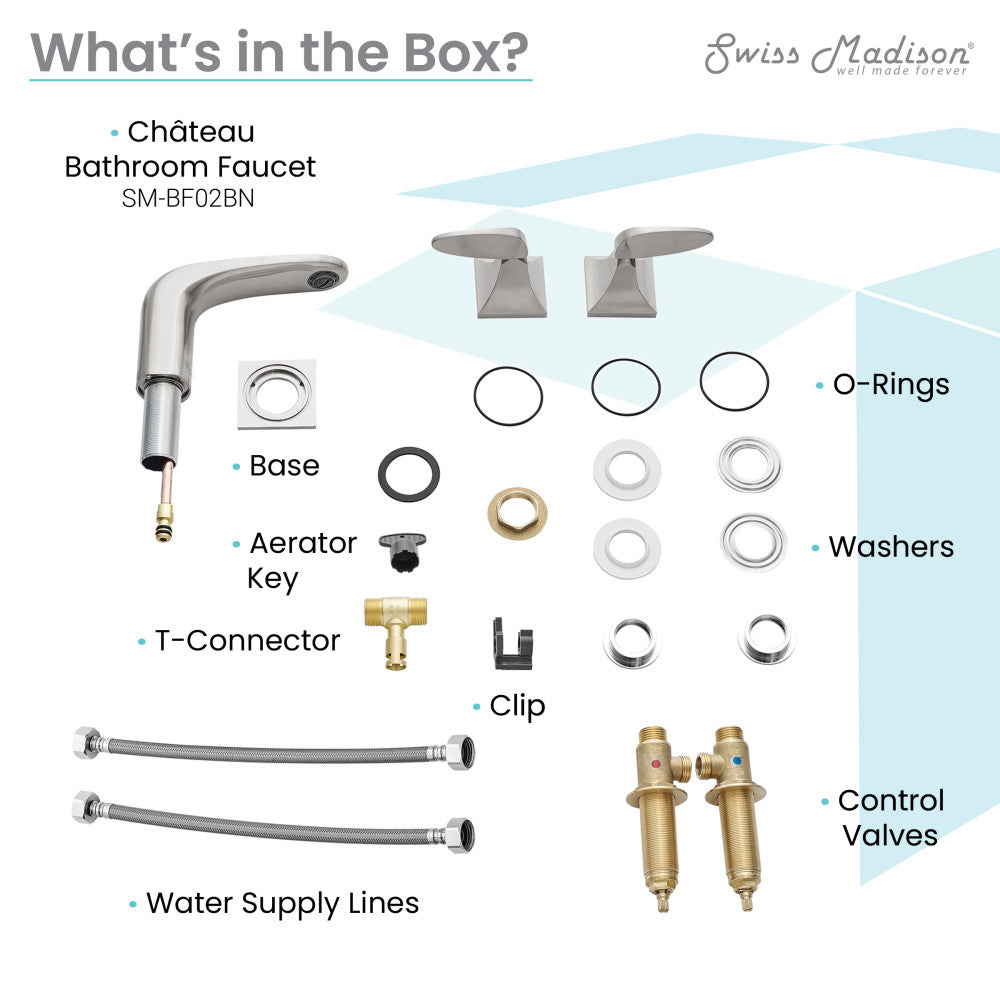 Widespread bathroom faucet in brushed nickel, 2-handle design, curved spout with flat handles, modern style.