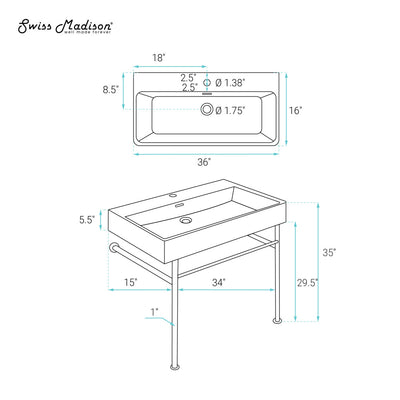 Carre 36 Ceramic Console Sink White Basin Matte White Legs