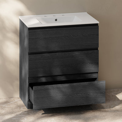 Liberte 30" Freestanding Bathroom Vanity in Black Oak with 3-Hole Widespread Sink Top