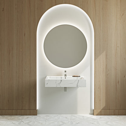 Wide rectangle wall-hung bathroom sink in white marble with integrated faucet holes and modern design.