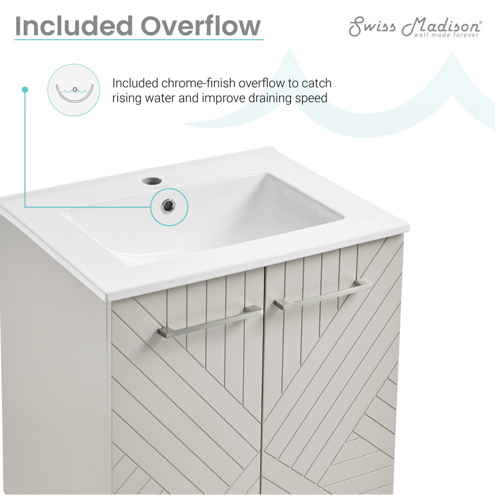 24-inch freestanding greige bathroom vanity with single sink and diagonal wood panel doors.