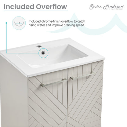 24-inch freestanding greige bathroom vanity with single sink and diagonal wood panel doors.