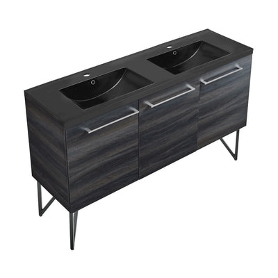 Annecy 60 in. Black Walnut, Double Basin Bathroom Vanity With Black Artificial Stone Sink Top