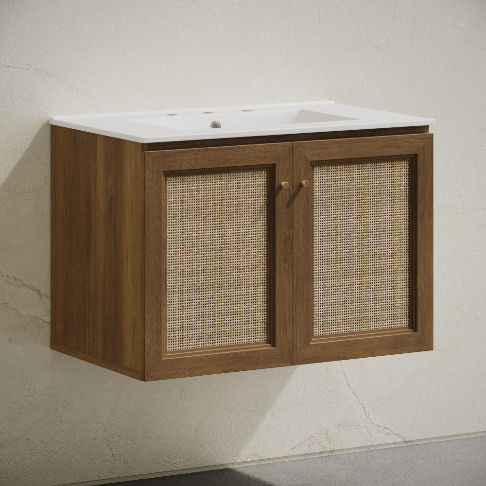 Classe 30" Wall-Mounted Bathroom Vanity in Brown Oak with Widespread Faucet Holes Vanity Top