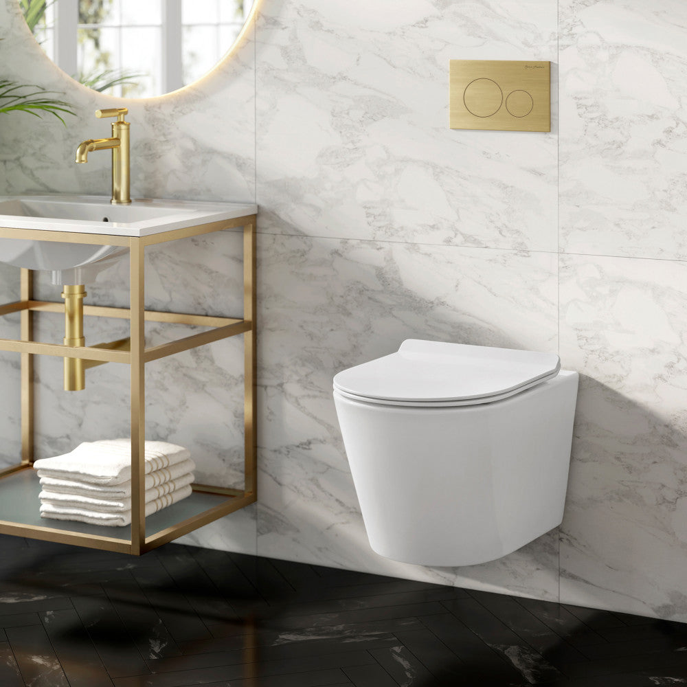 Calice Wall-Hung Toilet Bundle 0.8/1.6 GPF Dual Flush in Glossy White with Brass Flush Plate