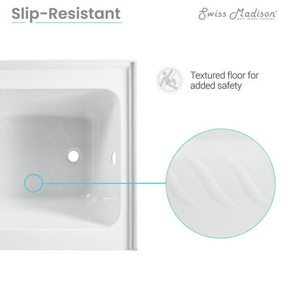 Apron front alcove bathtub 60 x 32 inch in glossy white acrylic, left-hand integral drain, textured slip-resistant floor.