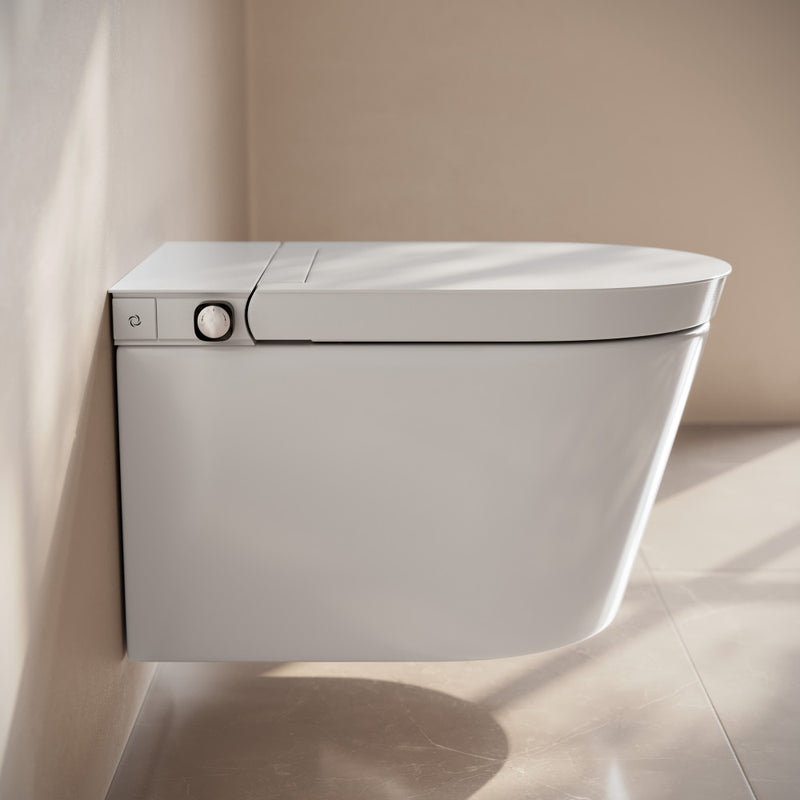 Hugo H Wall-Hung Toilet in Glossy White with Manual Bidet and Supporting Frame