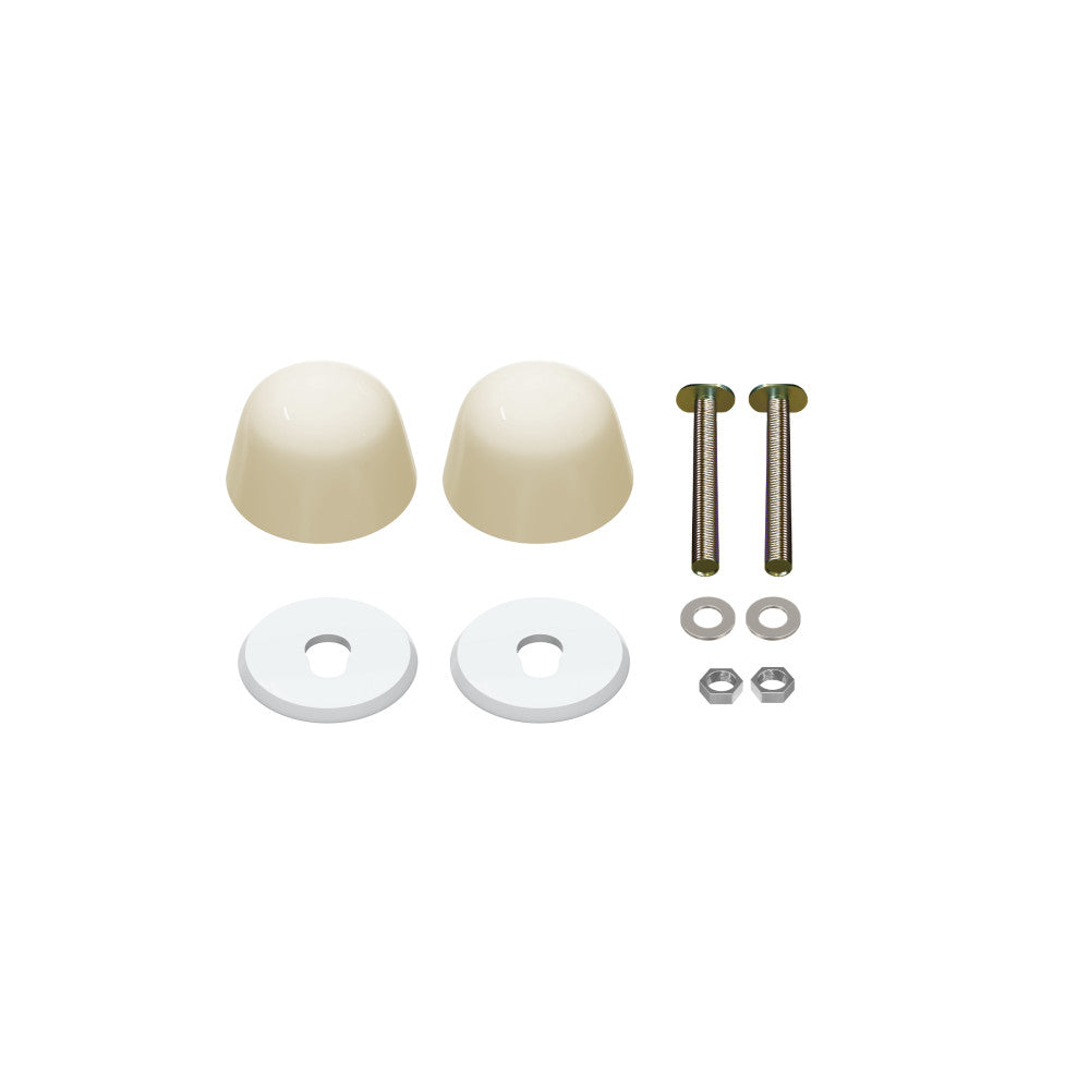 Chateau bisque bolt cover caps with mounting bolts, washers, and nuts for toilets replacement parts.