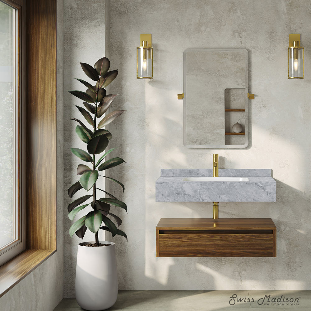 Avancer 36" Wall-Mounted Bathroom Vanity in Brown Oak with Storm Gray Sink Top