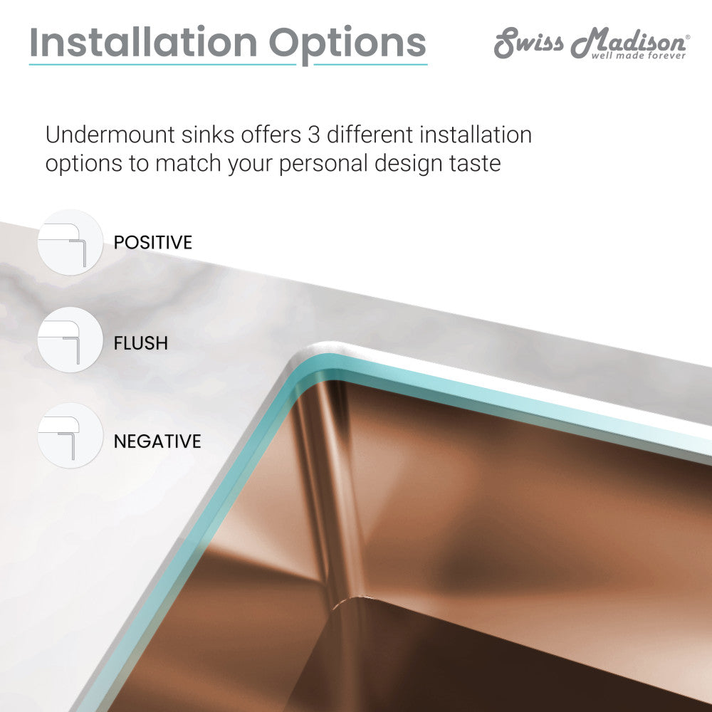 30 x 18 inch undermount single basin kitchen sink in rose gold stainless steel with rounded corners.