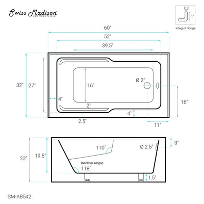 Voltaire 60" x 32" Right-Hand Drain Alcove Bathtub with Apron and Armrest