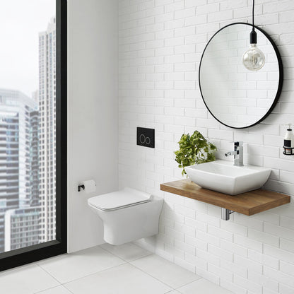 Elongated wall-hung toilet bowl in white with soft-close seat and dual flush control panel.