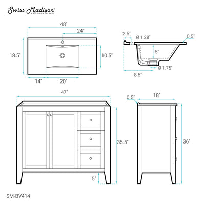 Cannes 48 Single, Two Doors, Three Drawers, Bathroom Vanity