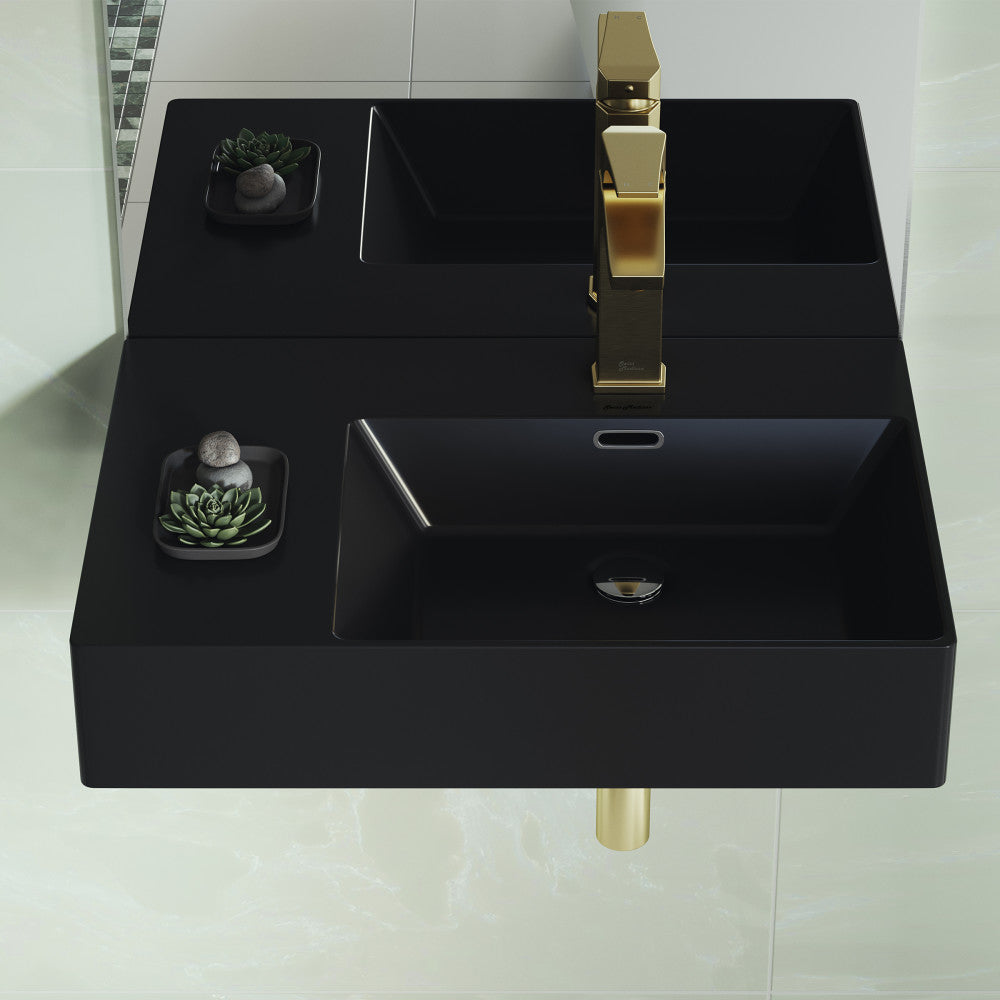 Matte black wall-hung ceramic sink, rectangular basin with right-side faucet mount and overflow hole.