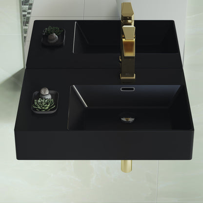 Matte black wall-hung ceramic sink, rectangular basin with right-side faucet mount and overflow hole.