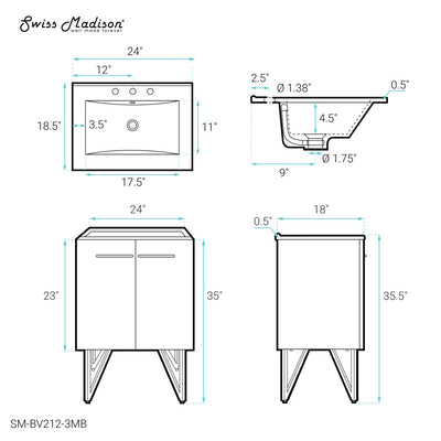 Annecy 24 in. White Bathroom Vanity With Black, 3-Hole Ceramic Sink Top