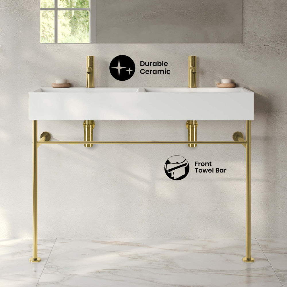 Claire 48" Double Basin Console Sink with Glossy Gold Legs