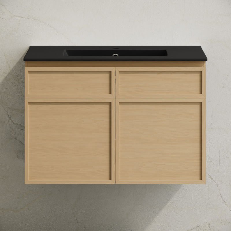 St. Tropez 30" Wall-Mounted Bathroom Vanity in Natural Oak with Black Sink Top