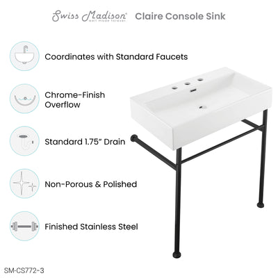 Claire 30" Console Sink White Basin Black Legs with 8" Widespread Holes