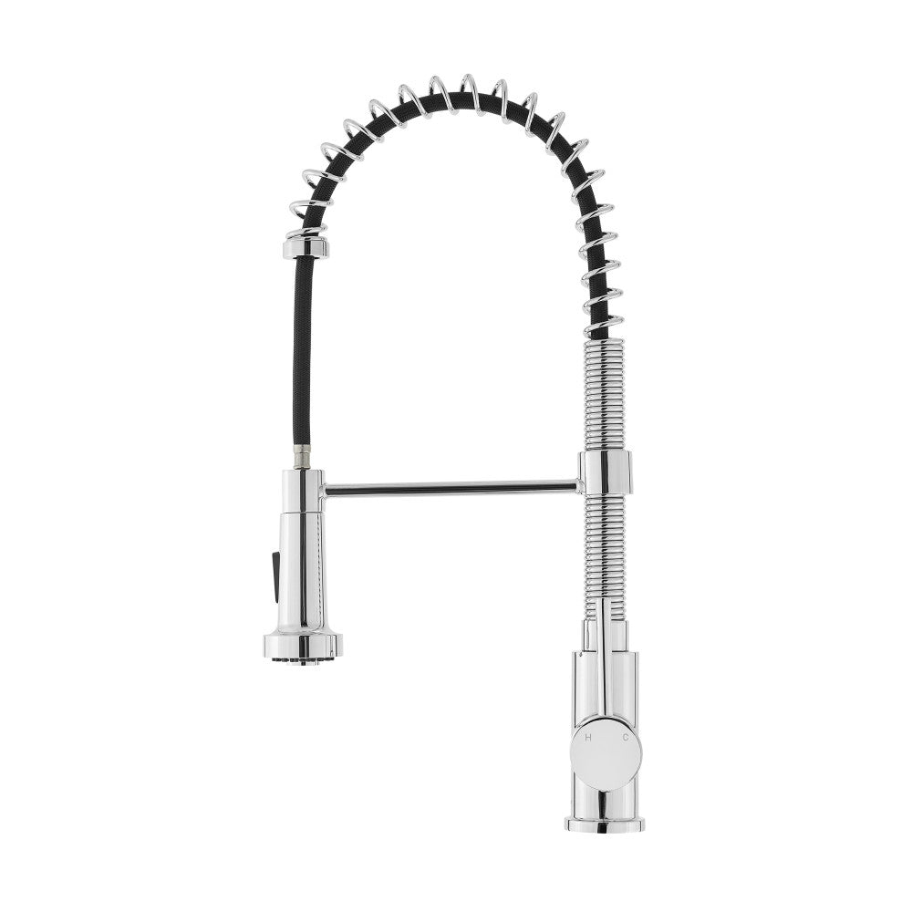 Pull-down kitchen faucet in chrome, single handle, flexible spring spout design.