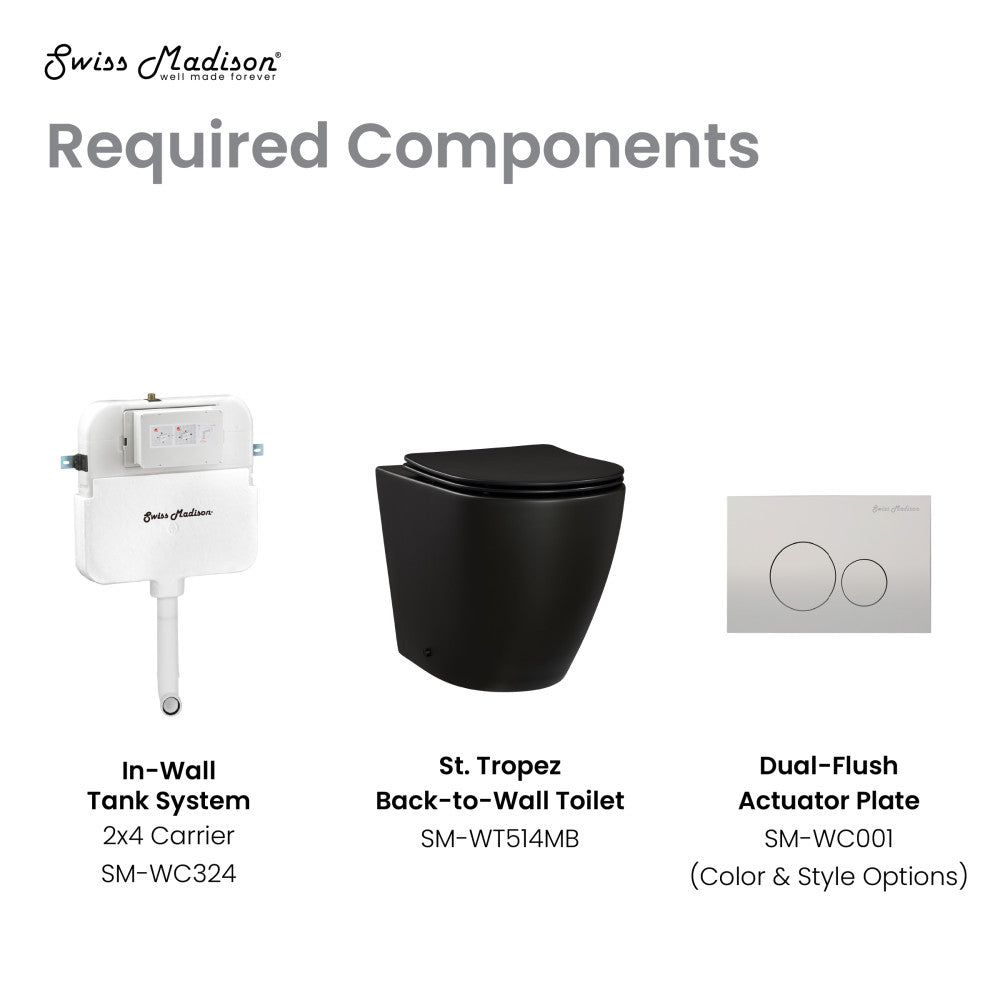 Elongated back-to-wall toilet bowl with black soft-close seat and dual-flush actuator plate in white.