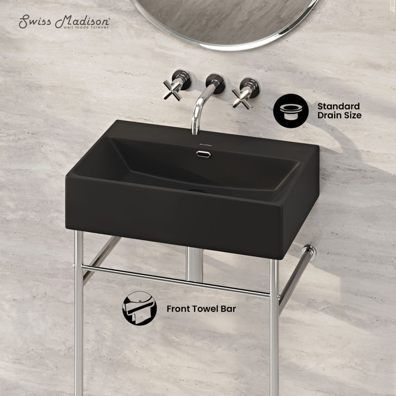 Claire 24" Rectangle Matte Black Zero Hole Console Sink with Polished Chrome Legs