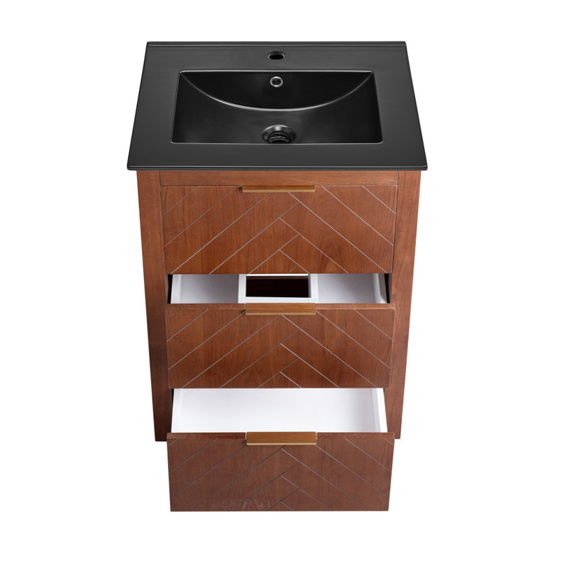 Daxton 24 in. Brown Walnut Bathroom Vanity With Black Ceramic Sink Top