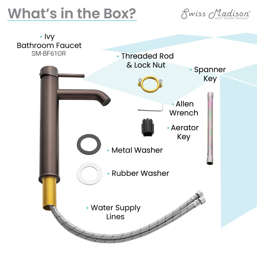 Single-handle high arc bathroom faucet in oil-rubbed bronze with threaded rod and water supply lines.