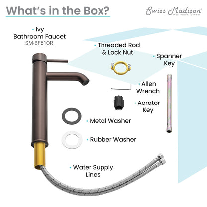Single-handle high arc bathroom faucet in oil-rubbed bronze with threaded rod and water supply lines.