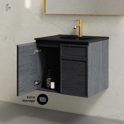 St. Tropez 24" Wall-Mounted Bathroom Vanity in Black Oak with Black Sink Top