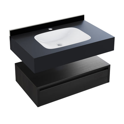 Avancer 36" Wall-Mounted Bathroom Vanity in Black Oak with Black Marble Sink Top