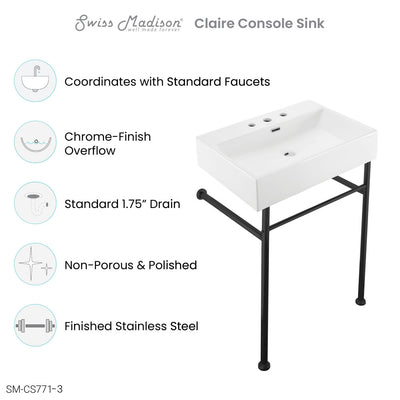 Claire 24" Console Sink White Basin Black Legs with 8" Widespread Holes