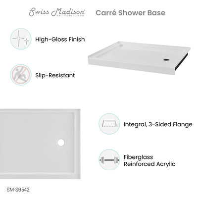 Carre 48" x 36" Acrylic White, Single-Threshold, Right Drain, Shower Base