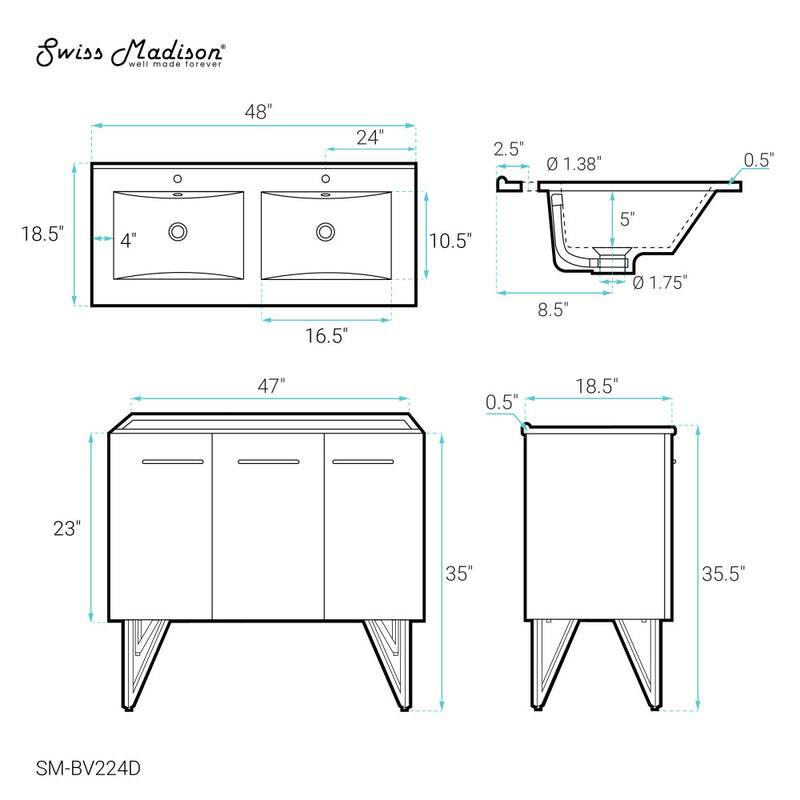 Annecy 48 in. Black Walnut, Double Basin Bathroom Vanity With White Ceramic Sink Top