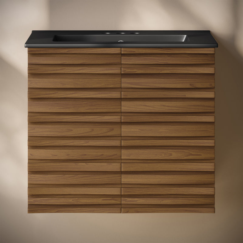 Cascade 24" Wall-Mounted Bathroom Vanity in Brown Oak with Black 3-Hole Centerset Sink Top