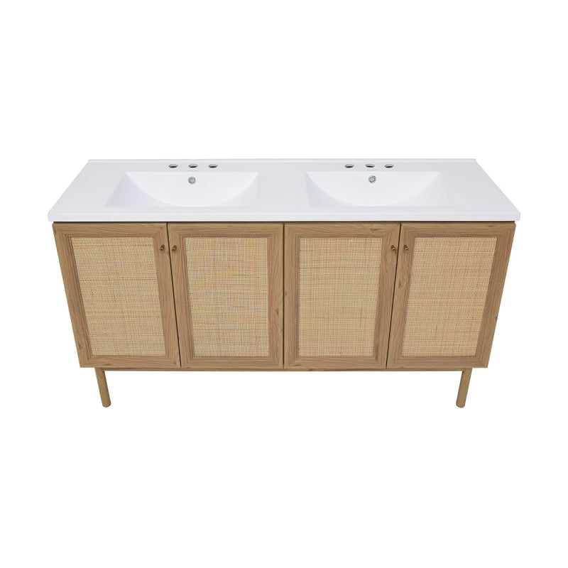 Classe 60 in. Brown Oak, Double Basin Bathroom Vanity With White, 3-Hole Artificial Stone Sink Top