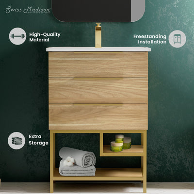 Carre 24" Freestanding Bathroom Vanity in Golden Oak with Sink Top