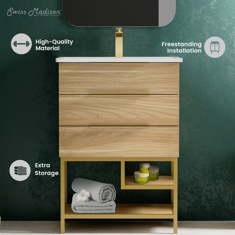 Carre 24" Freestanding Bathroom Vanity in Golden Oak with Sink Top