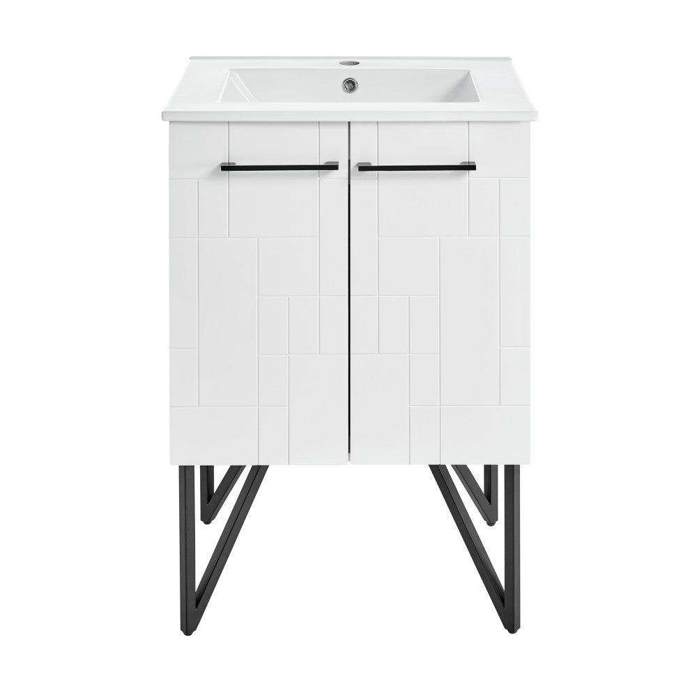 24-inch freestanding bathroom vanity in Mondrian White with single sink and black metal legs.
