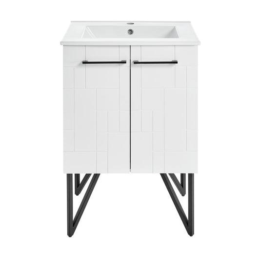 24-inch freestanding bathroom vanity in Mondrian White with single sink and black metal legs.