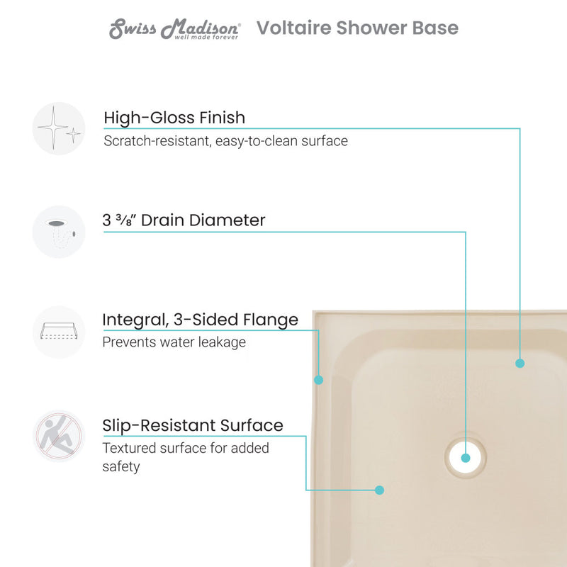 Voltaire 60" x 30" Single-Threshold, Center Drain, Shower Base in Biscuit