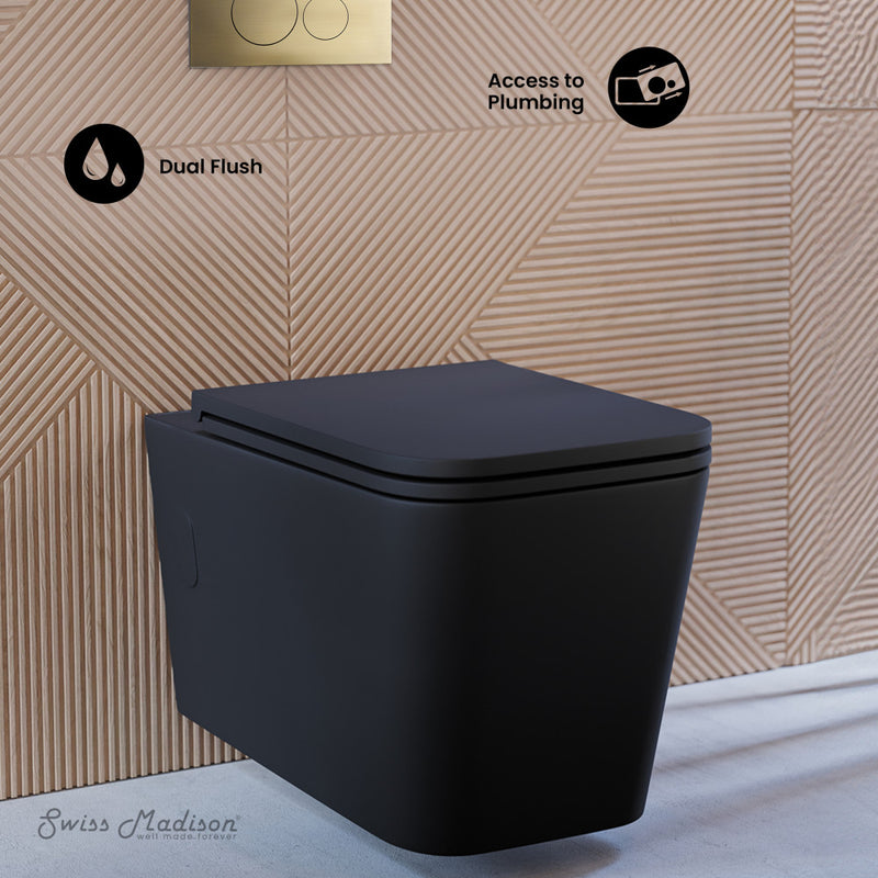 Concorde Wall-Hung Toilet Bundle 0.8/1.6 GPF Dual Flush in Matte Black with Brass Flush Plate