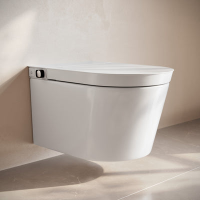 Hugo H Wall-Hung Toilet in Glossy White with Manual Bidet and Supporting Frame
